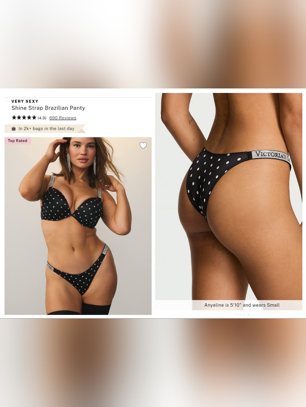 Victoria's Secret Very Sexy Polka Dot Shine Strap Brazilian Panty LARGE BLACK